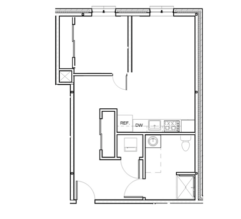 Floor plan for 1 bed, 1 bath, 645 sqft